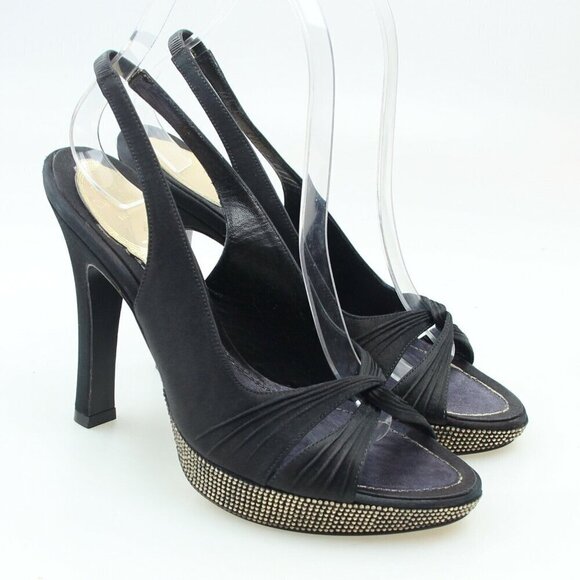 Rene Caovilla Black Satin Crystal Jewel Heels - Picture 4 of 12